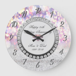 Reloj Redondo Grande Chic Bokeh Diamantes 25 Aniversario de Boda