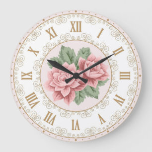 Reloj Redondo Grande Chic francés vintage rosa dorado rosa desgastado