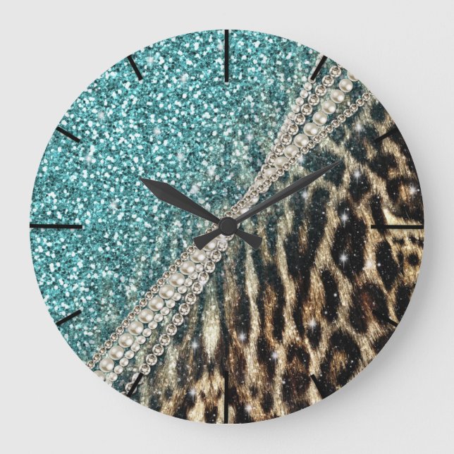 Reloj Redondo Grande Chic Girly Leopard Print Blue Glitter (Anverso)