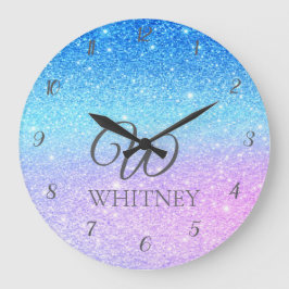 Reloj Redondo Grande Chic Purple Ombre Blue Glitter Modern             