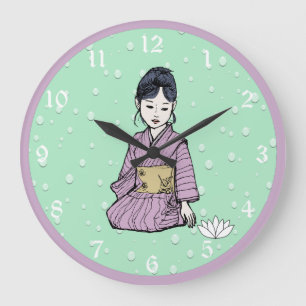 Reloj Redondo Grande Chica asiático en agua rosa malva Kimono blanco Lo