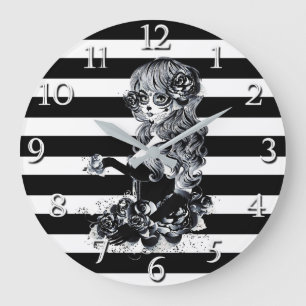 Reloj Redondo Grande Chica Calavera Azucarada Bonita con Rayas Negras y