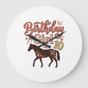 Reloj Redondo Grande Chica Cumpleaños 10 Caballo Diseño Vectorial Flora