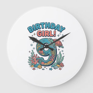 Reloj Redondo Grande Chica Cumpleaños 9 Tortuga Oceánica Diseño Vectori