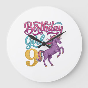 Reloj Redondo Grande Chica Cumpleaños 9 Unicornio Diseño de Grabado Vin