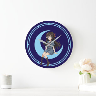 Reloj Redondo Grande Chica de Anime Sentada en una Luna Creciente