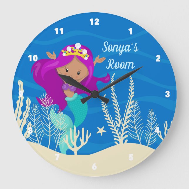 Reloj Redondo Grande Chica de la playa de la Sirena Cuidada Ocean Blue  (Anverso)
