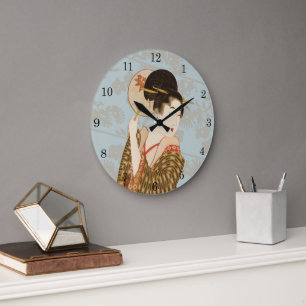 Reloj Redondo Grande Chica Geisha Japonesa Vintage con Abanico en Kimon