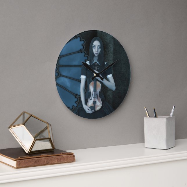 Reloj Redondo Grande Chica gótico victoriano sostiene violín oscuro fan (Oficina)