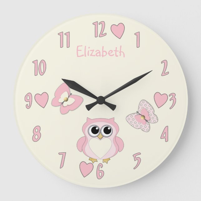 Reloj Redondo Grande Chica lindo búho rosa y crema con un nombre (Anverso)