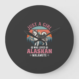 Reloj Redondo Grande Chica Malamute de Alaska Retro Puesta de sol Monta