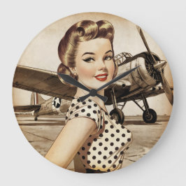 Reloj Redondo Grande Chica Pinup Vintage y avión WW2, elegante