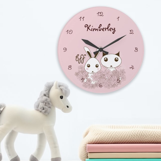 Reloj Redondo Grande Chica rosa BFF Personalizado dulce Kitten y Bunny  (Subido por el creador)