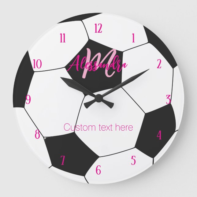 Reloj Redondo Grande Chica rosado de fútbol personalizado (Anverso)