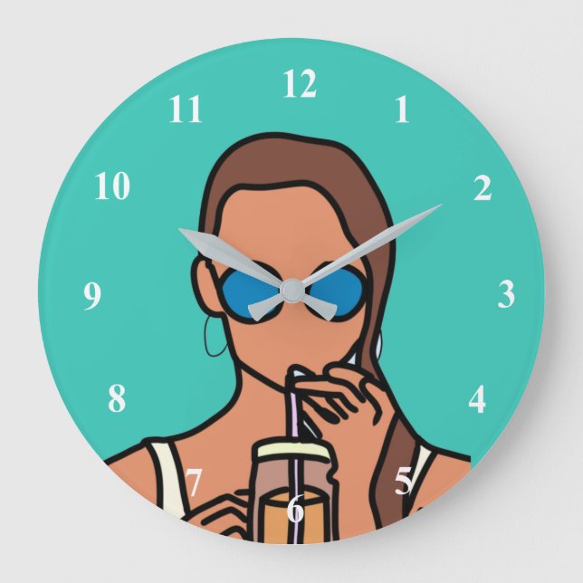 Reloj Redondo Grande Chica tomando té de burbuja adolescente moderno (Anverso)