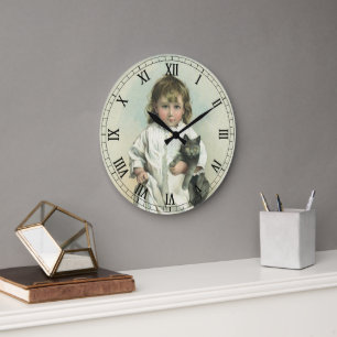 Reloj Redondo Grande Chica victoriana vintage con camisón y su gato