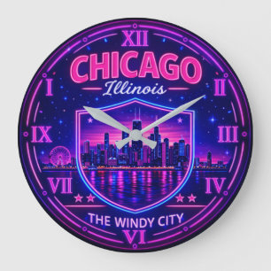 Reloj Redondo Grande Chicago Illinois Skyline Windy City Neon