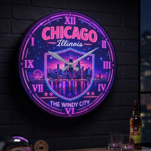 Reloj Redondo Grande Chicago Illinois Skyline Windy City Neon