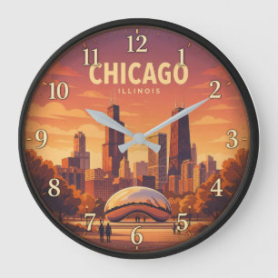 Reloj Redondo Grande Chicago Illinois Sunset Skyline
