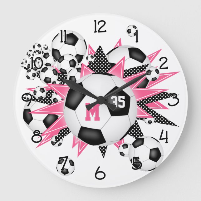Reloj Redondo Grande chicas balones de fútbol con estrellas negras rosa (Anverso)