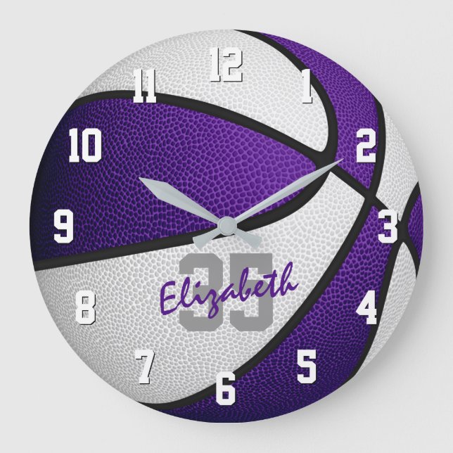 Reloj Redondo Grande chicas blancos púrpura niños baloncesto personaliz (Anverso)