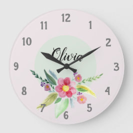 Reloj Redondo Grande Chicas cortan flores botánicas de primavera y nomb