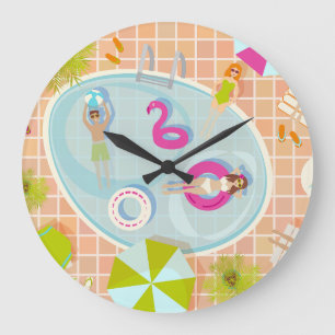 Reloj Redondo Grande Chicas de bikini y chicos jugando al billar