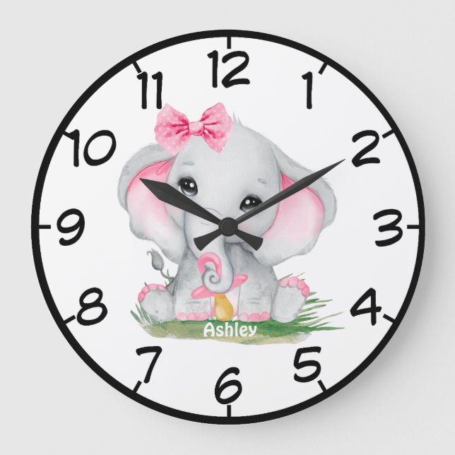 Reloj Redondo Grande Chicas de Cute Pink Elephant Pacient (Anverso)