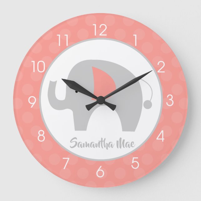 Reloj Redondo Grande Chicas de Elephant Coral y Gray Nursery (Anverso)