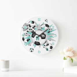 Reloj Redondo Grande chicas de fútbol con estrellas grises verde azulad