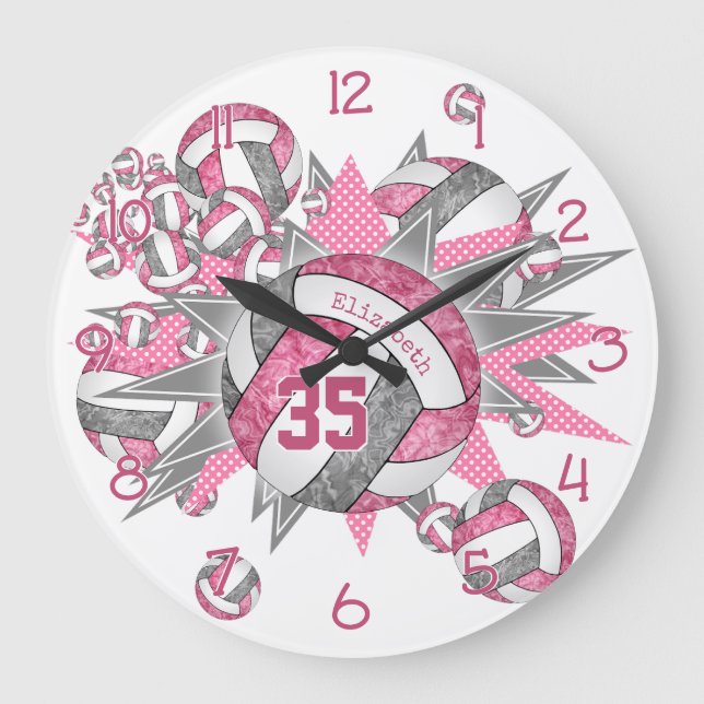 Reloj Redondo Grande chicas de voleibol deportivo rosa (Anverso)