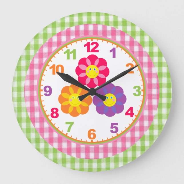 Reloj Redondo Grande Chicas Gingham Flower Clock con números (Anverso)