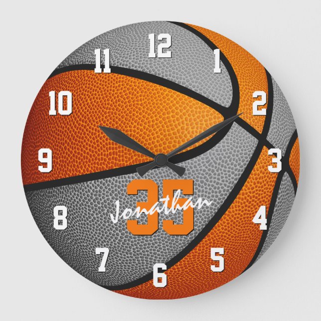 Reloj Redondo Grande chicas naranjas grises de baloncesto personalizado (Anverso)