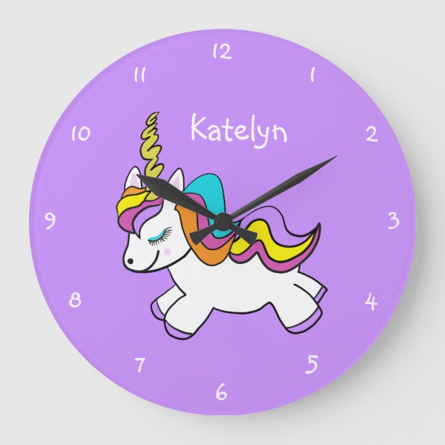 Reloj Redondo Grande Chicas personalizados morado unicornio (Anverso)