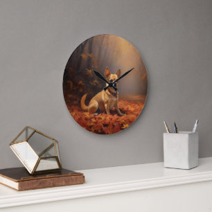Reloj Redondo Grande Chihuahua en Otoño Hojas Caídas Inspiran