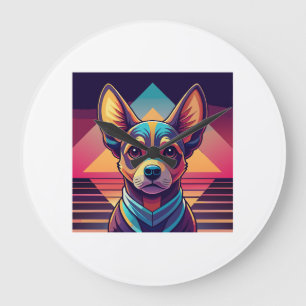 Reloj Redondo Grande Chihuahua Retro Neon � Arte de Perro Synthwave Vib