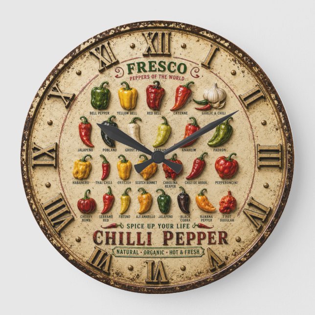 Reloj Redondo Grande Chili Pepper Kitchen Rustic Farmhouse Chef Gift (Anverso)