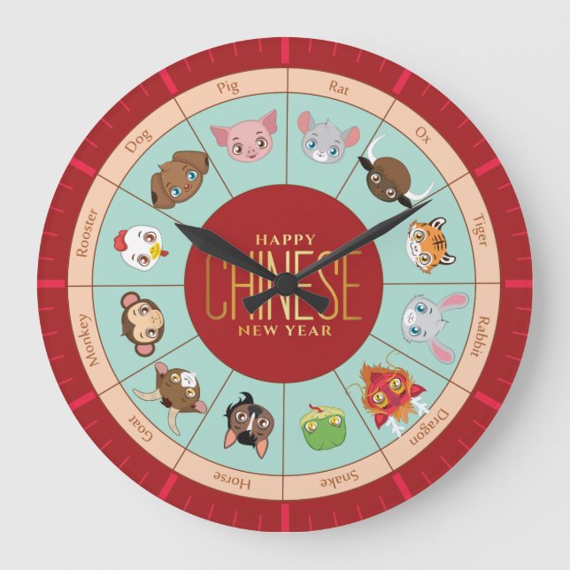 Reloj Redondo Grande Chinese zodiac with cute characters Wall Clock (Anverso)
