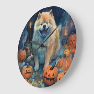 Reloj Redondo Grande Chow Chow de Halloween con calabazas espeluznante 