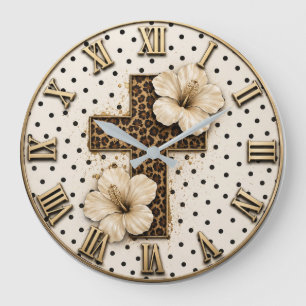 Reloj Redondo Grande Christian Floral Cross Elegant Leopard Print Faith