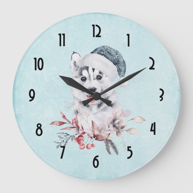 Reloj Redondo Grande Christmas Husky Dog in a Santa Hat (Anverso)