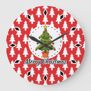 Reloj Redondo Grande Christmas Tree on Red Pines Pattern - Merry Xmas