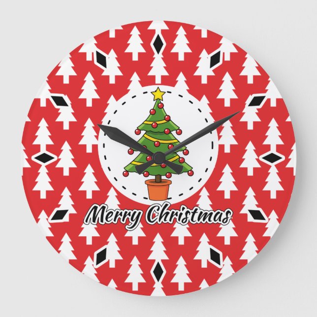 Reloj Redondo Grande Christmas Tree on Red Pines Pattern - Merry Xmas (Anverso)