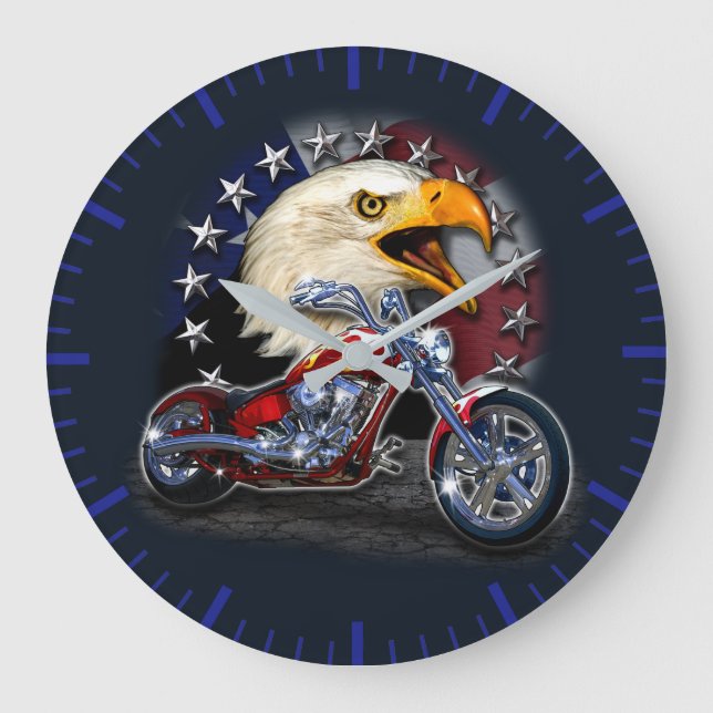 Reloj Redondo Grande Chrome Motorcycle Chopper Patriotic Eagle Bandera  (Anverso)