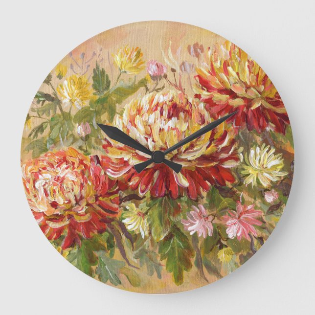 Reloj Redondo Grande Chrysanthemum Meadow: Pintura de mano acrílica. (Anverso)