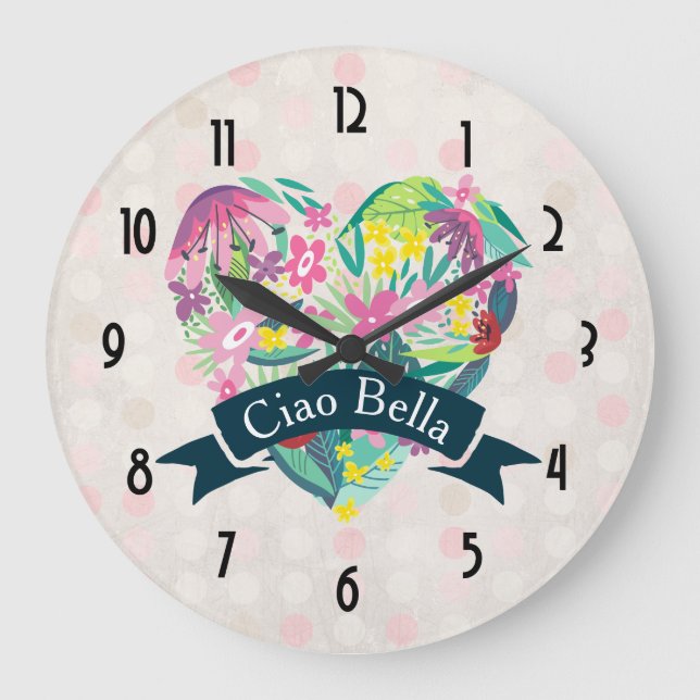 Reloj Redondo Grande Ciao Bella Cute Floral Heart on Pink Circles (Anverso)