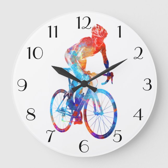 Reloj Redondo Grande Ciclismo Ruta Bicicleta Pintado de Acuarela (Anverso)