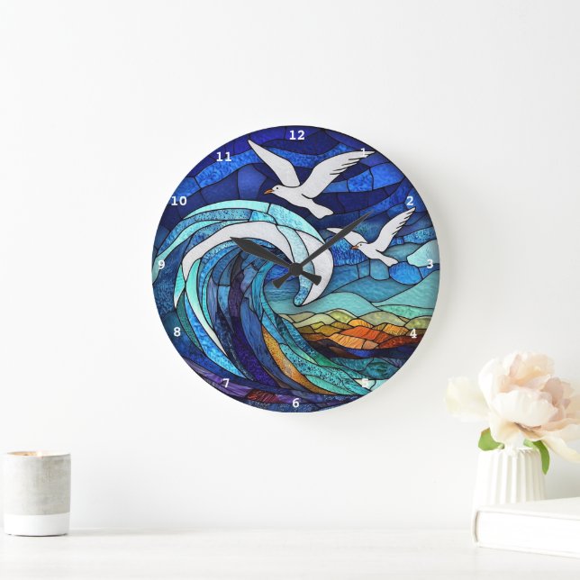 Reloj Redondo Grande Cielos costeros Océano de gaviota de vidrio templa (Hogar)