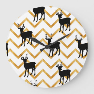 Reloj Redondo Grande Ciervo negro, patrón de textura dorada.