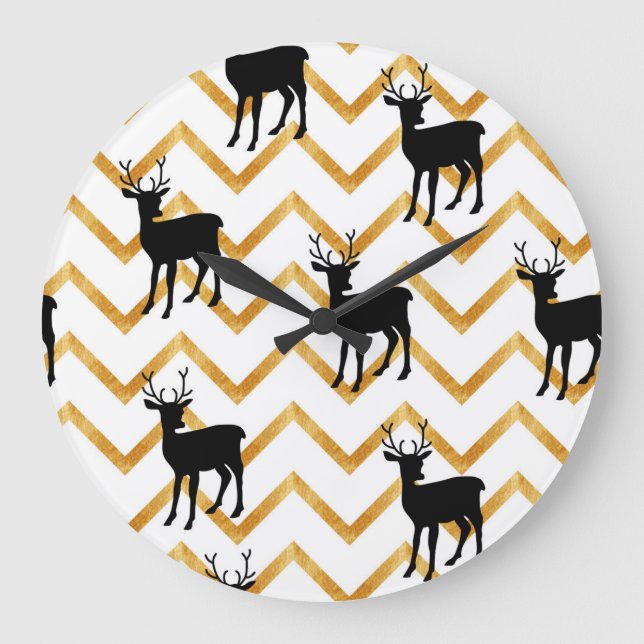 Reloj Redondo Grande Ciervo negro, patrón de textura dorada. (Anverso)